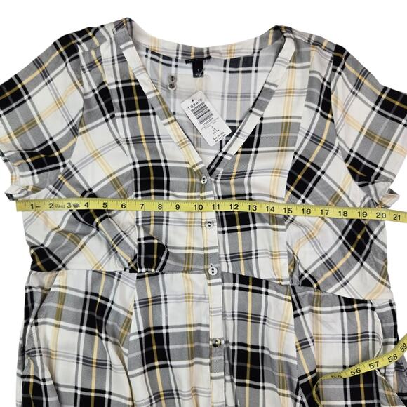 Torrid Plaid Mini Challis Shirt Dress Size 1 1X White Black Brown V-Neck S/S - Picture 3 of 5